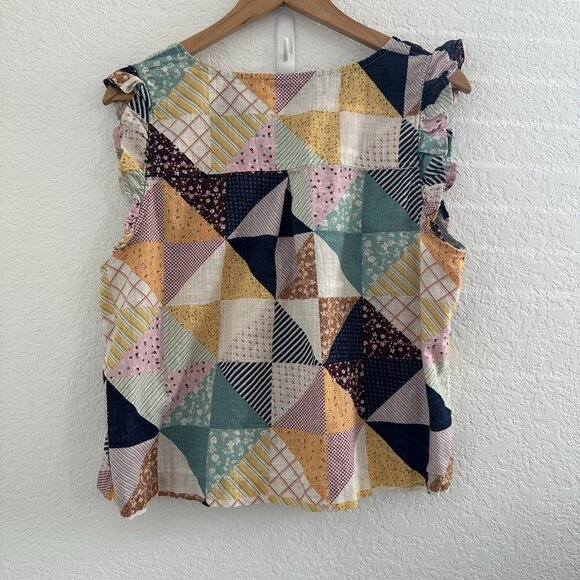 a.n.a Blouse Womens XL 100% Cotton Boxy Ruffle Patchwork Boho Cottage Peasant - Picture 2 of 8